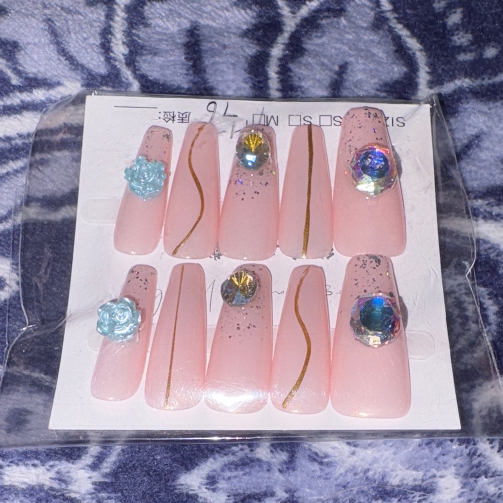 Pink and Gold Press-On Nails with Gem Accents